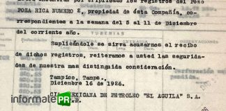 Reporte de la compañía "El águila" del pozo 2 Poza Rica en 1926