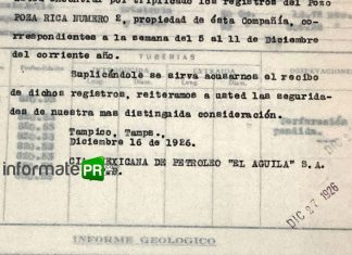 Reporte de la compañía "El águila" del pozo 2 Poza Rica en 1926